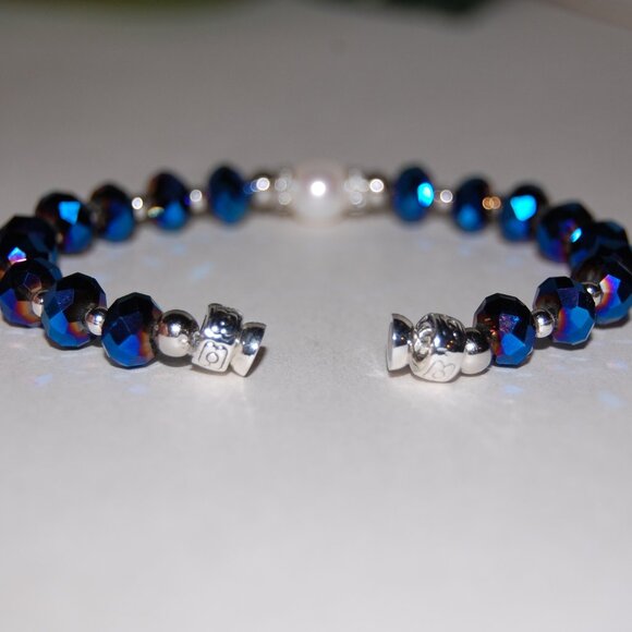 Freshwater Pearl Bracelet,Blue Bracelet,Pearl and Blue Glass Beads Bracelet - Picture 4 of 4